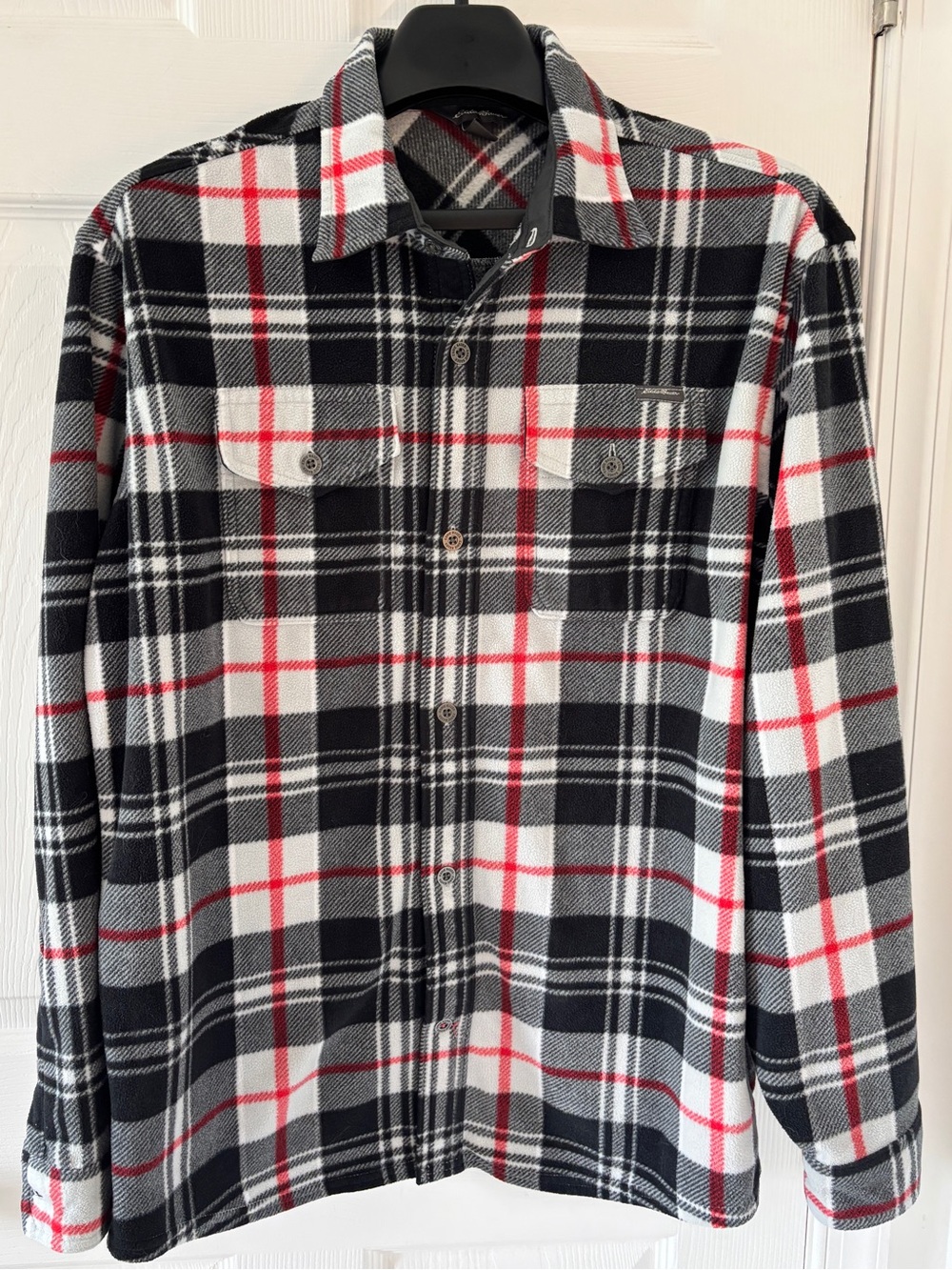 Eddie Bauer Red and Black Plaid Button-Down Polar Fleece Shirt - Size L